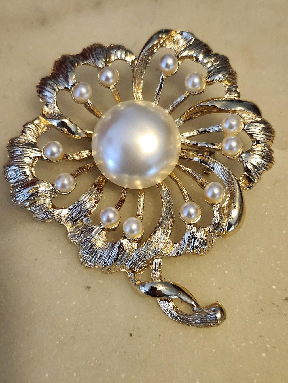 Gold Tone Floral Faux Pearl Brooch With Faux Accent Pearls - Vintage